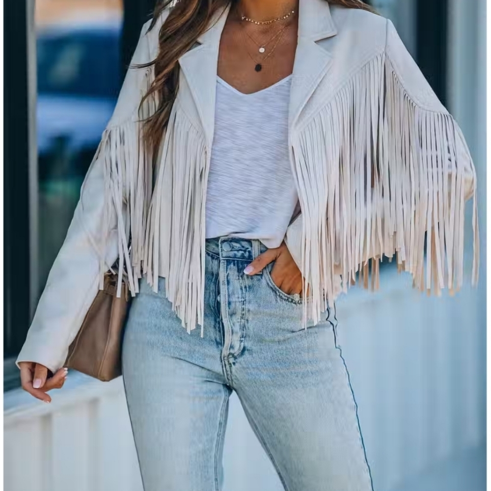 NWT Vici Waldorf Fringe Faux Suede Jacket, Sand